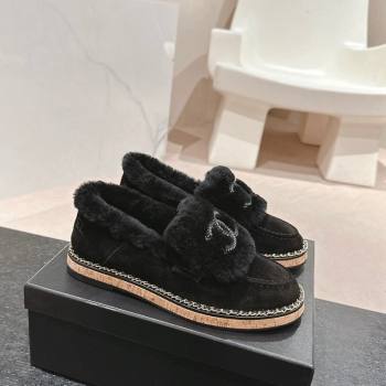 Chanel Suede Wool Fur Wood Loafers Black 2024 CH101623 (MD-241016085)