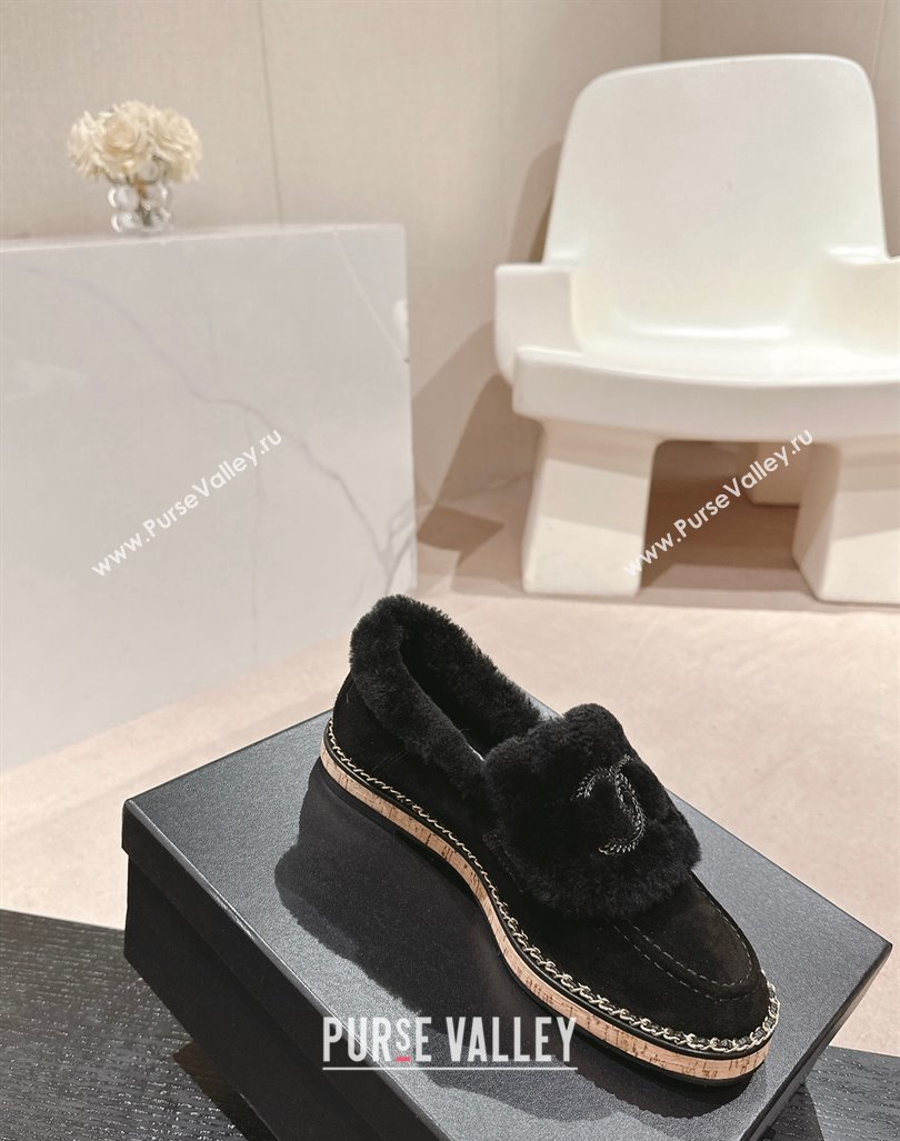 Chanel Suede Wool Fur Wood Loafers Black 2024 CH101623 (MD-241016085)