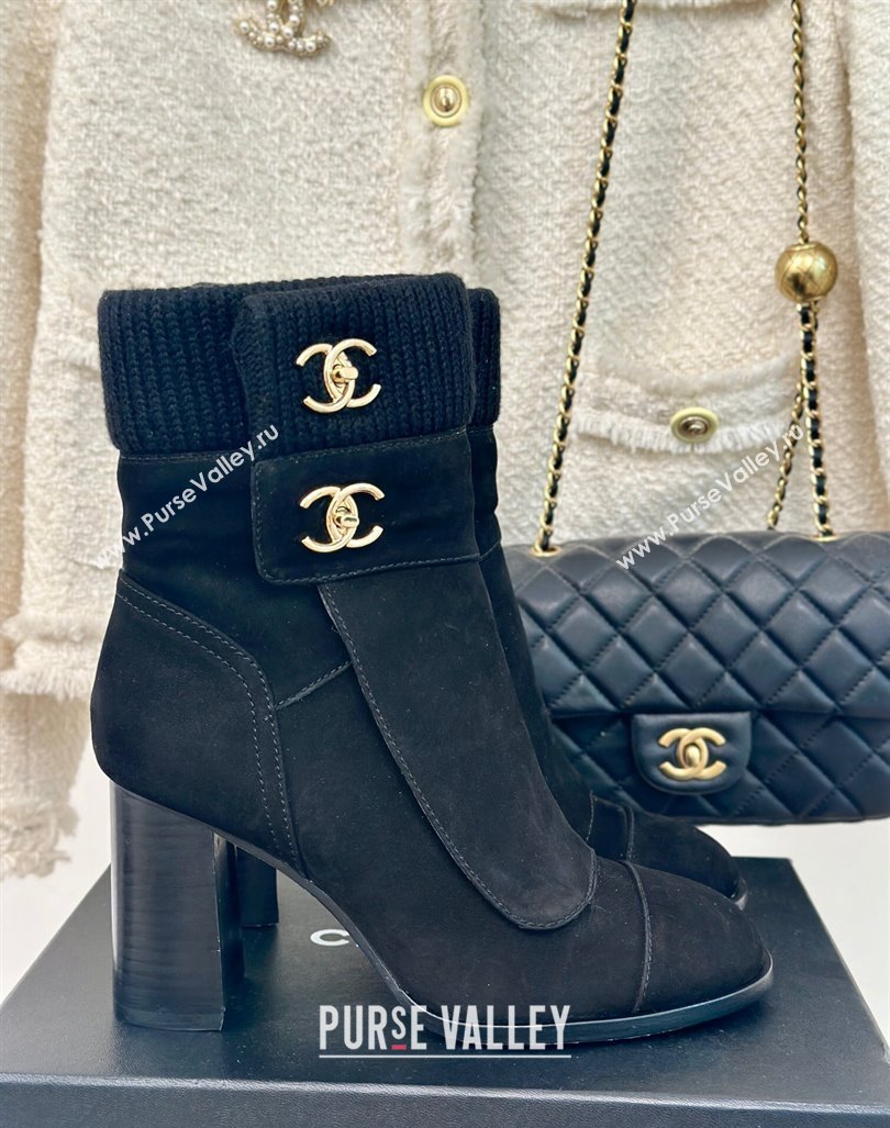 Chanel Suede Knit Ankle Boots 8cm with CC Black 2024 CH101617 (MD-241016066)