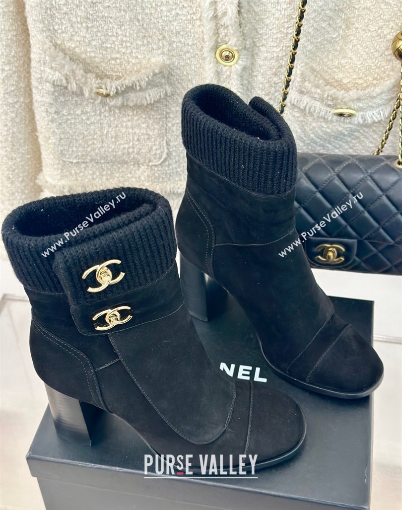 Chanel Suede Knit Ankle Boots 8cm with CC Black 2024 CH101617 (MD-241016066)