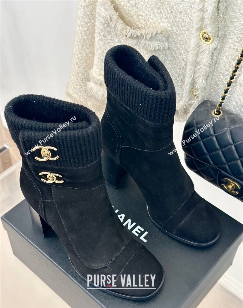 Chanel Suede Knit Ankle Boots 8cm with CC Black 2024 CH101617 (MD-241016066)