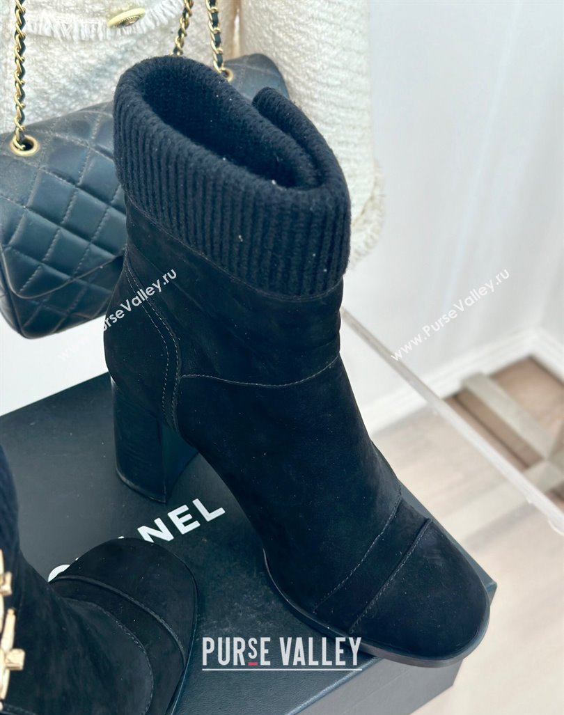 Chanel Suede Knit Ankle Boots 8cm with CC Black 2024 CH101617 (MD-241016066)