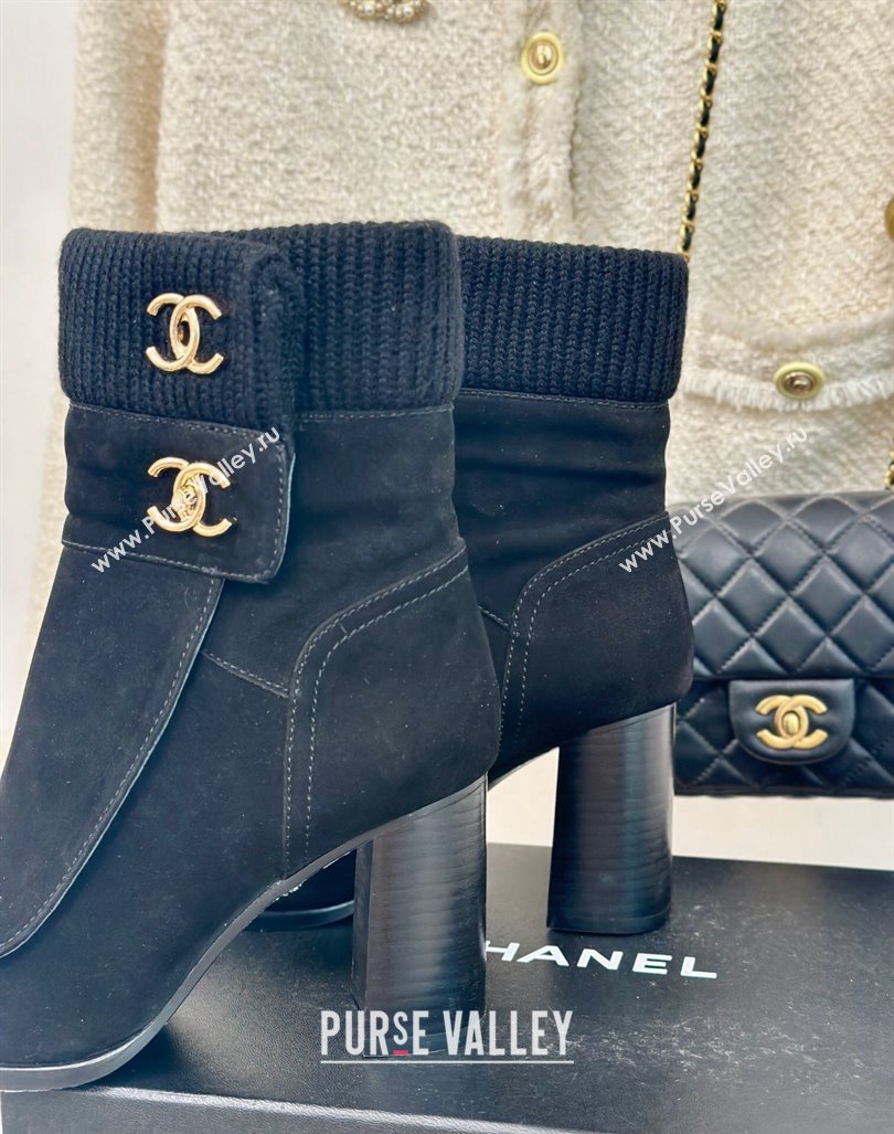 Chanel Suede Knit Ankle Boots 8cm with CC Black 2024 CH101617 (MD-241016066)