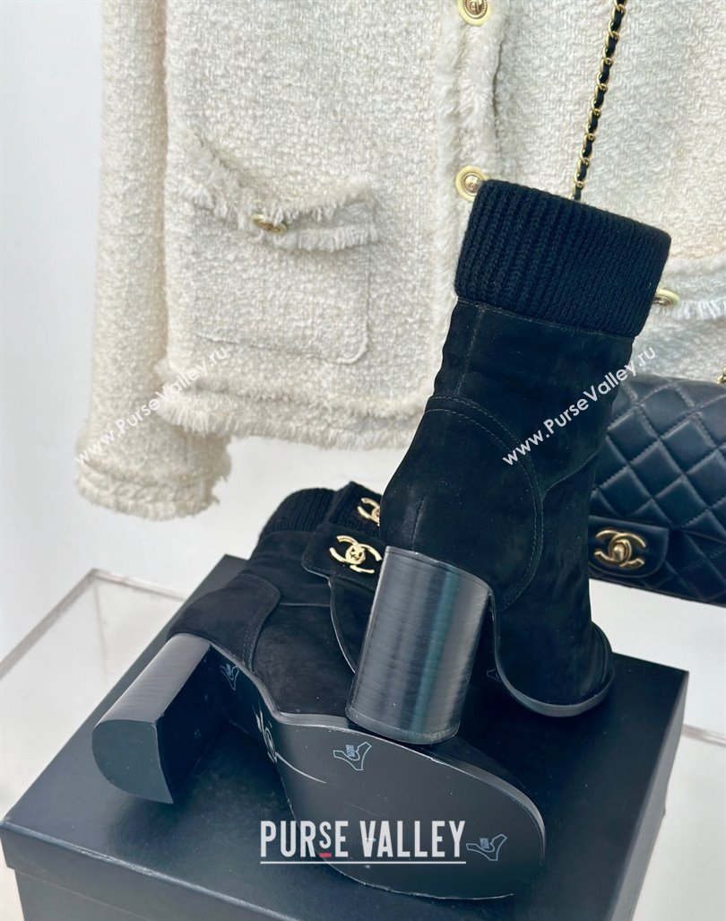 Chanel Suede Knit Ankle Boots 8cm with CC Black 2024 CH101617 (MD-241016066)