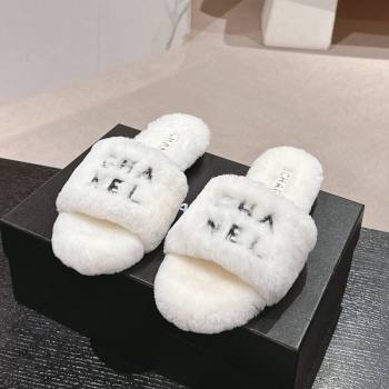 Chanel Wool Fur Flat Slides Sandal with Letters White 2024 CH101707 (MD-241017030)