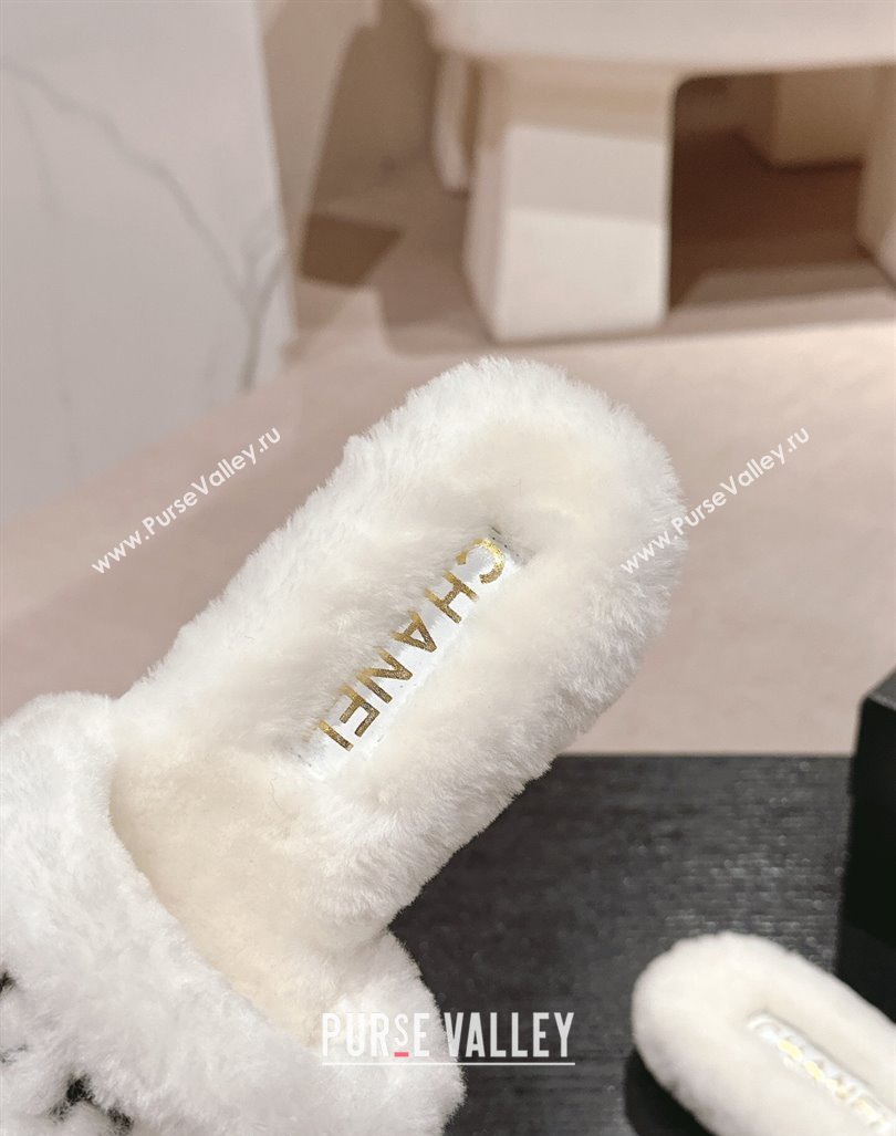 Chanel Wool Fur Flat Slides Sandal with Letters White 2024 CH101707 (MD-241017030)