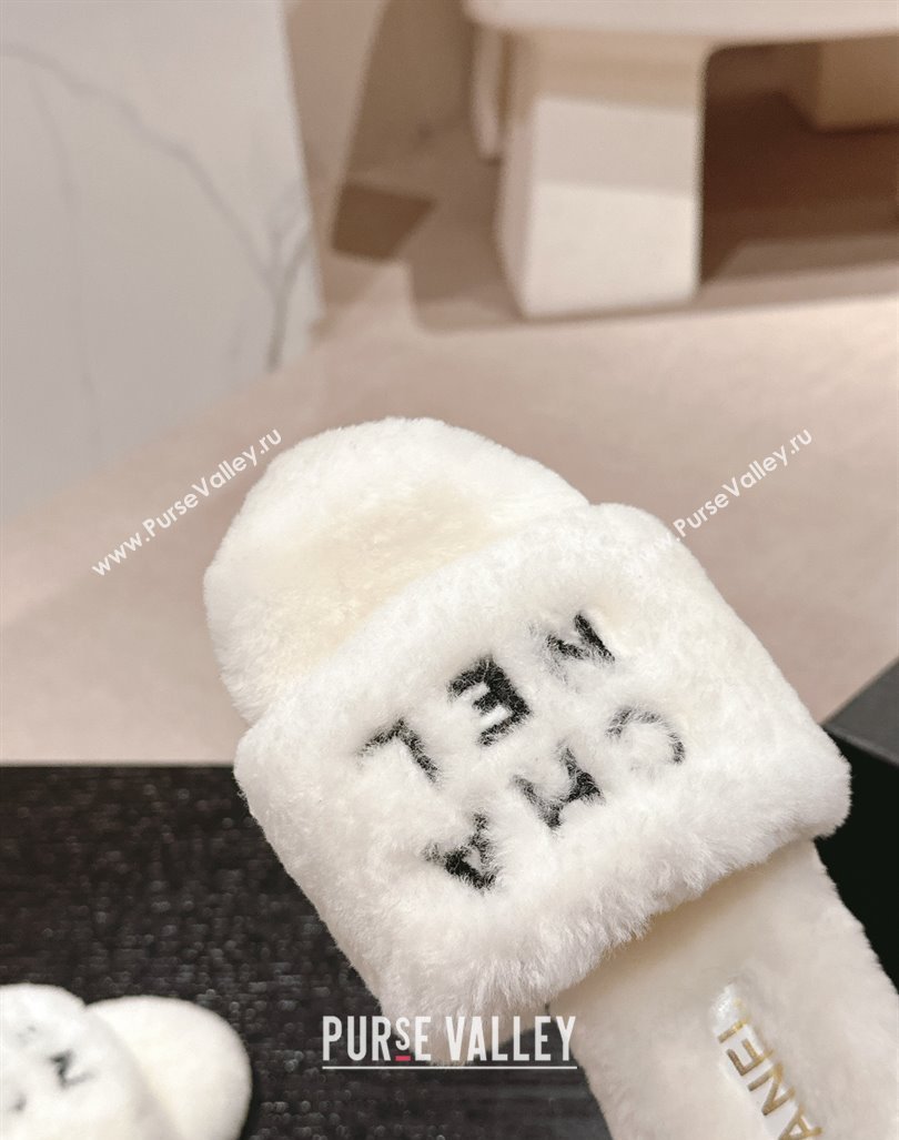 Chanel Wool Fur Flat Slides Sandal with Letters White 2024 CH101707 (MD-241017030)