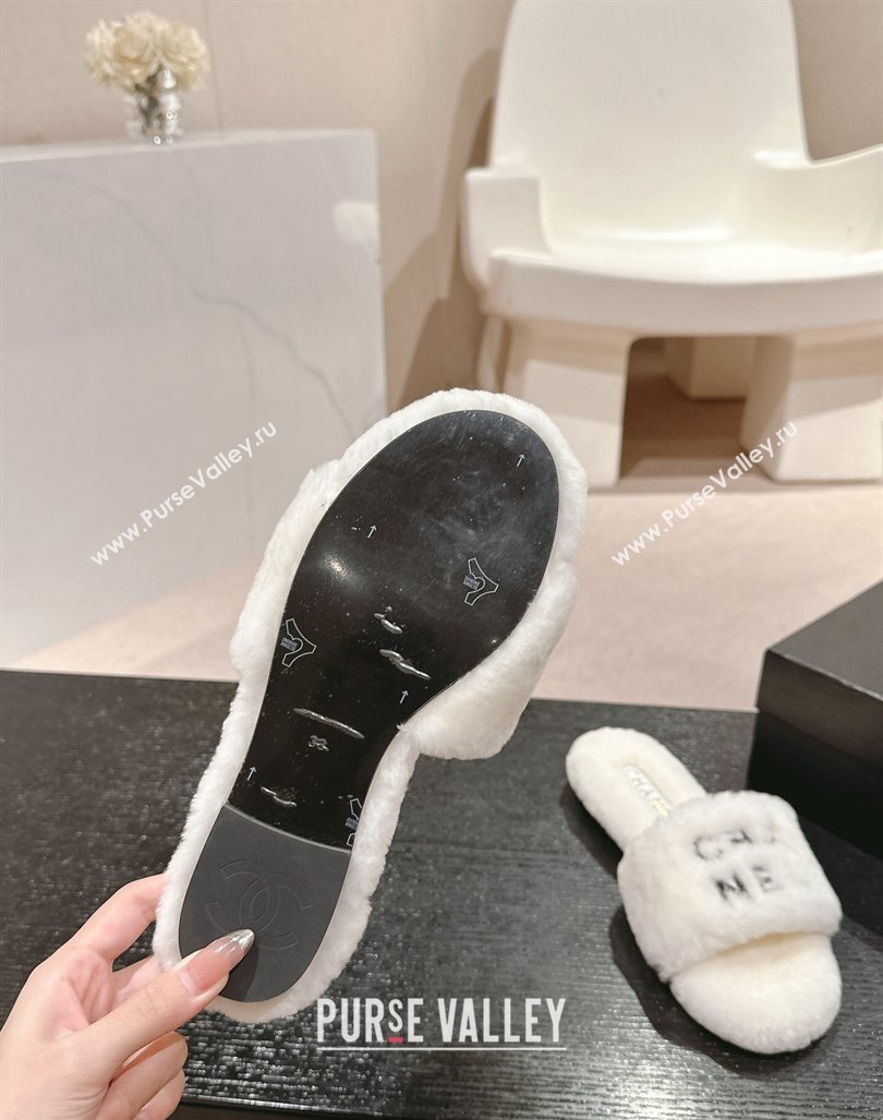 Chanel Wool Fur Flat Slides Sandal with Letters White 2024 CH101707 (MD-241017030)