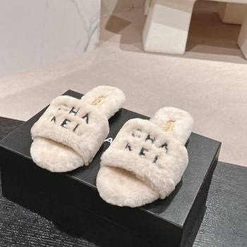 Chanel Wool Fur Flat Slides Sandal with Letters Beige 2024 CH101707 (MD-241017031)