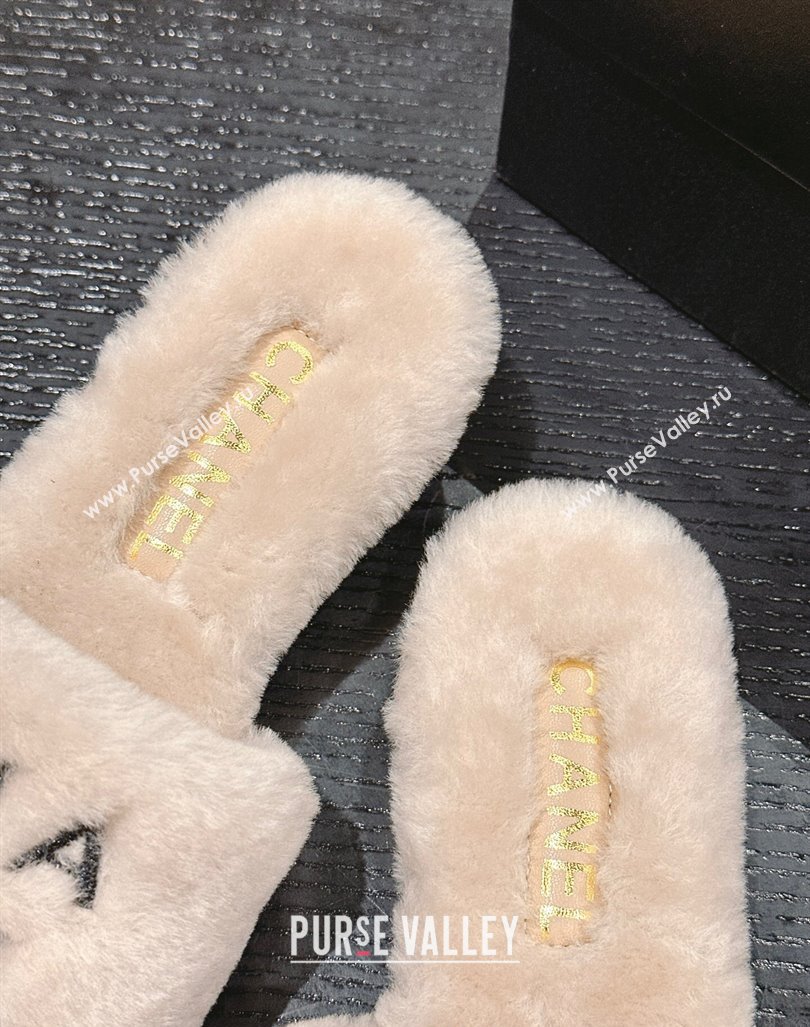 Chanel Wool Fur Flat Slides Sandal with Letters Beige 2024 CH101707 (MD-241017031)