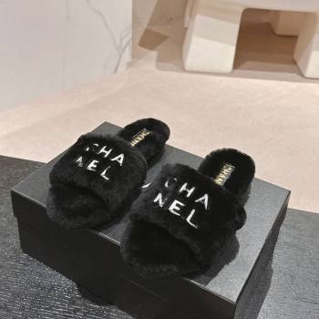 Chanel Wool Fur Flat Slides Sandal with Letters Black 2024 CH101707 (MD-241017032)