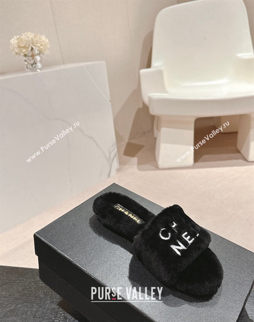 Chanel Wool Fur Flat Slides Sandal with Letters Black 2024 CH101707 (MD-241017032)