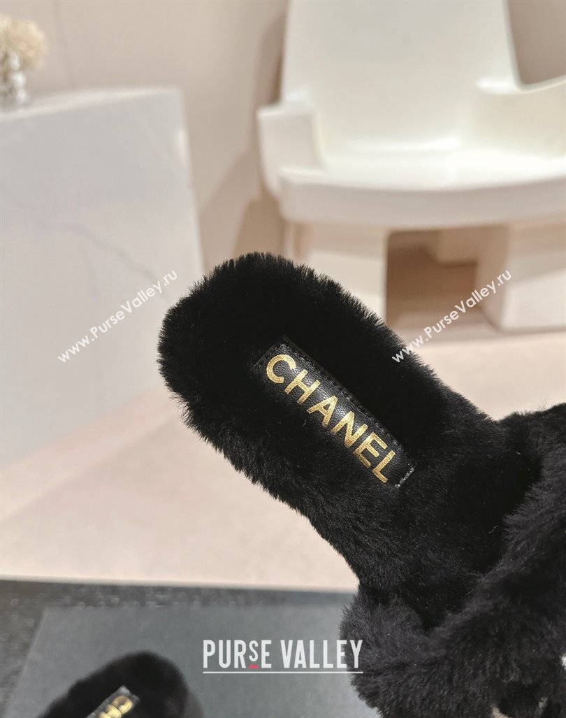 Chanel Wool Fur Flat Slides Sandal with Letters Black 2024 CH101707 (MD-241017032)