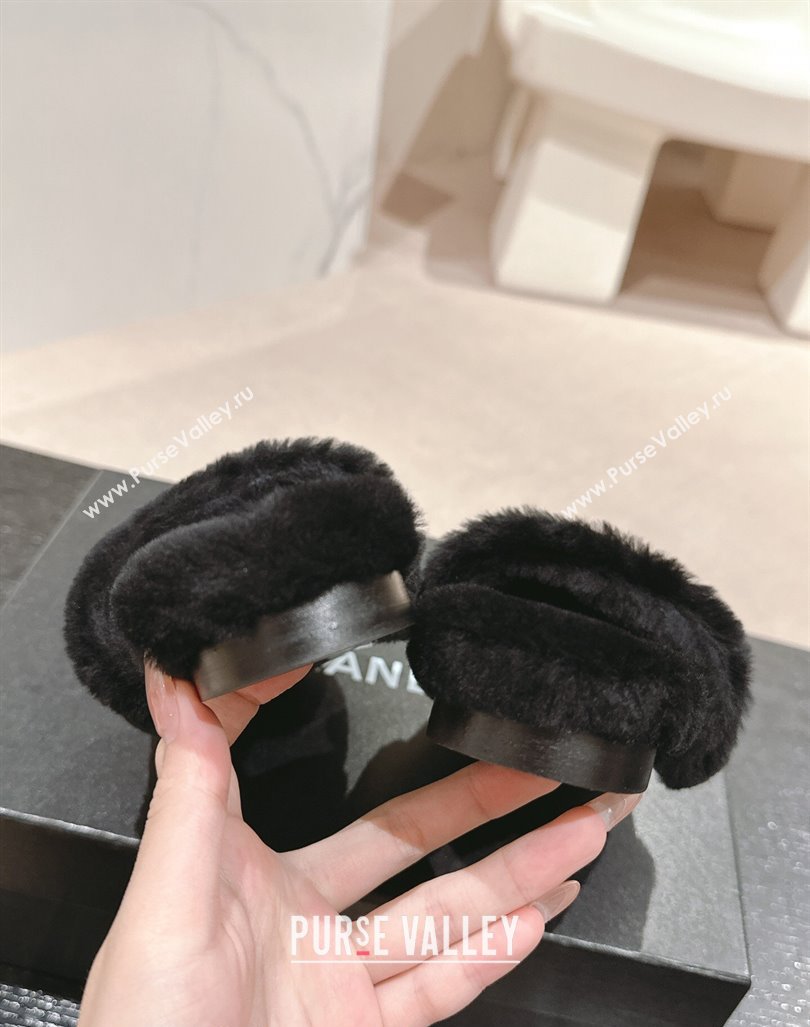 Chanel Wool Fur Flat Slides Sandal with Letters Black 2024 CH101707 (MD-241017032)