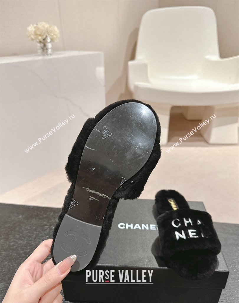 Chanel Wool Fur Flat Slides Sandal with Letters Black 2024 CH101707 (MD-241017032)