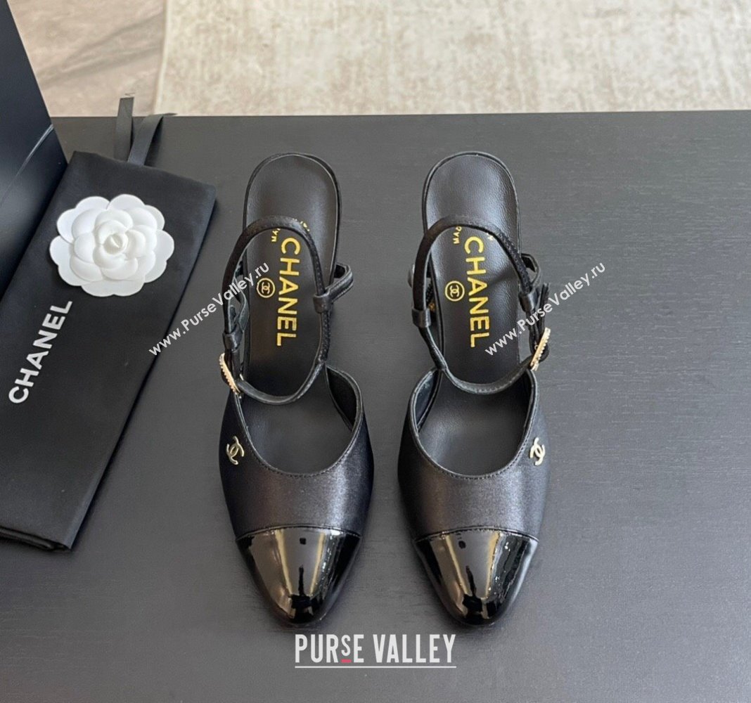 Chanel Patent Calfskin Grosgrain Open Back Pumps 8.5cm with Strass and Pearls Black/Gold 2024 (SS-241017061)