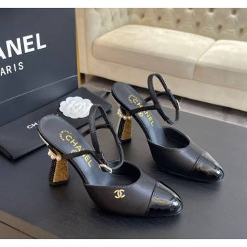 Chanel Patent Calfskin Grosgrain Open Back Pumps 8.5cm with Strass and Pearls Black/Gold 2024 (SS-241017061)