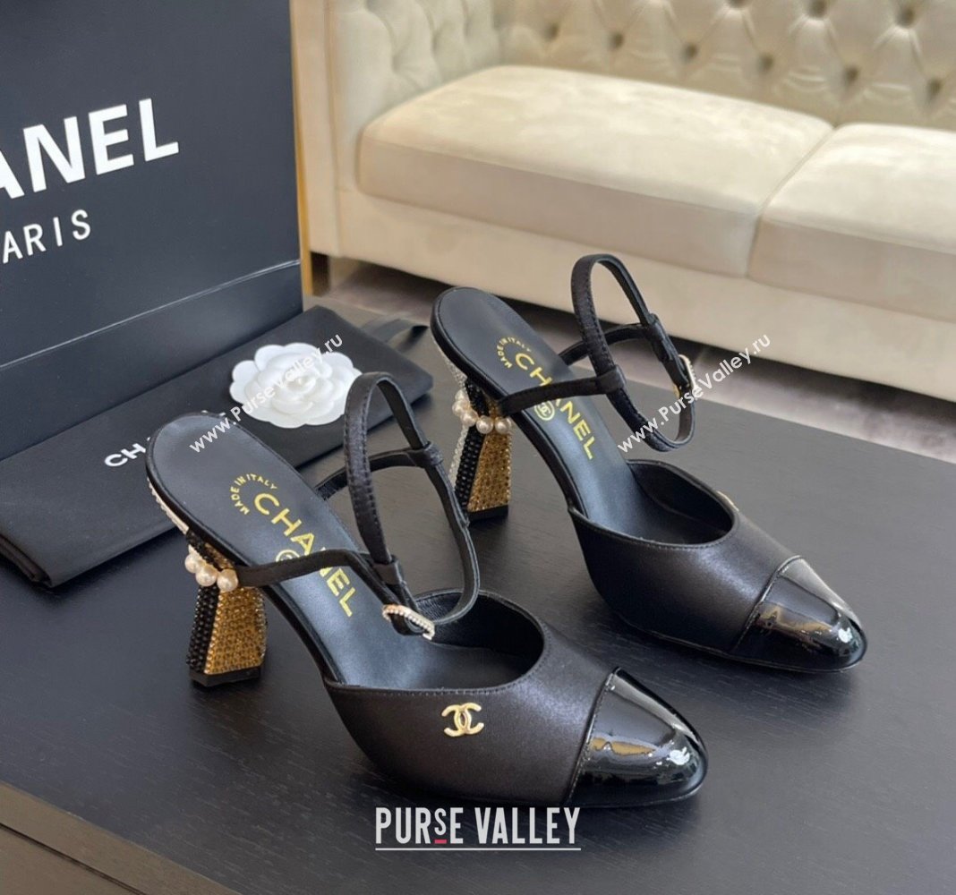 Chanel Patent Calfskin Grosgrain Open Back Pumps 8.5cm with Strass and Pearls Black/Gold 2024 (SS-241017061)