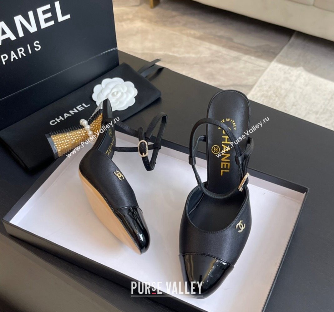 Chanel Patent Calfskin Grosgrain Open Back Pumps 8.5cm with Strass and Pearls Black/Gold 2024 (SS-241017061)