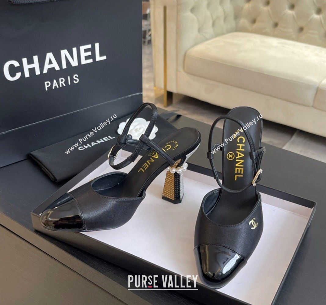 Chanel Patent Calfskin Grosgrain Open Back Pumps 8.5cm with Strass and Pearls Black/Gold 2024 (SS-241017061)