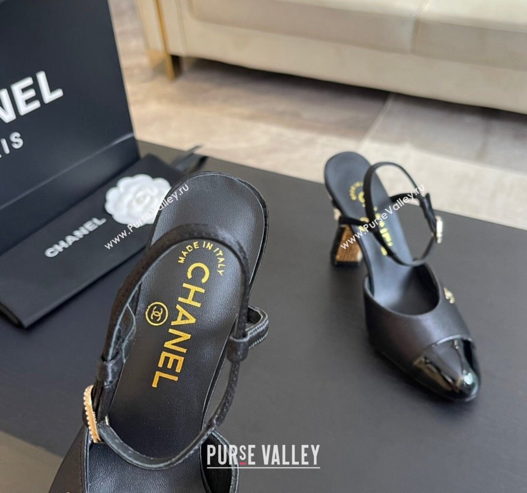 Chanel Patent Calfskin Grosgrain Open Back Pumps 8.5cm with Strass and Pearls Black/Gold 2024 (SS-241017061)