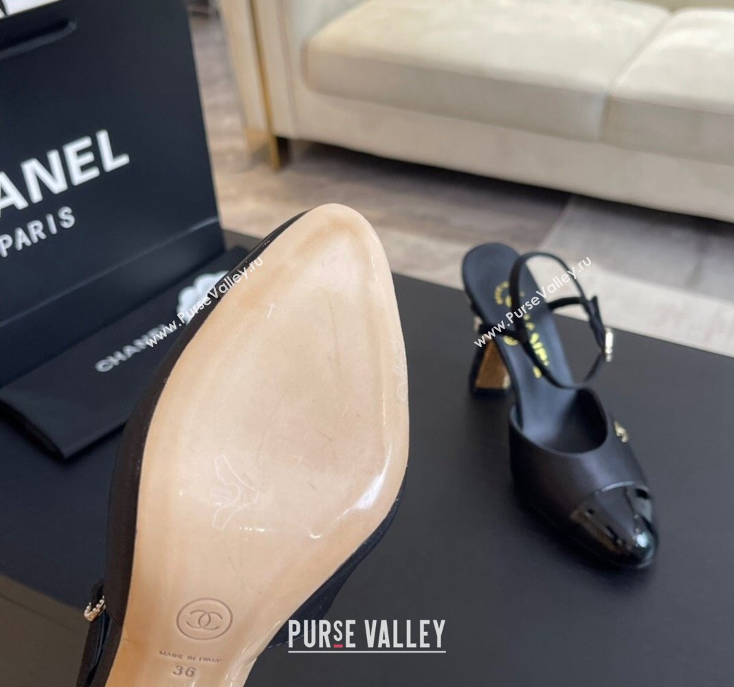 Chanel Patent Calfskin Grosgrain Open Back Pumps 8.5cm with Strass and Pearls Black/Gold 2024 (SS-241017061)