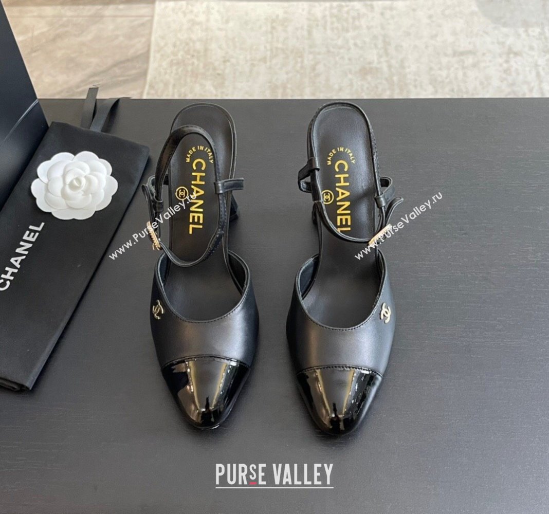 Chanel Patent Leather Calfskin Open Back Pumps 8.5cm with Strass and Pearls Black2 2024 (SS-241017064)