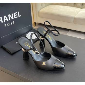 Chanel Patent Leather Calfskin Open Back Pumps 8.5cm with Strass and Pearls Black2 2024 (SS-241017064)