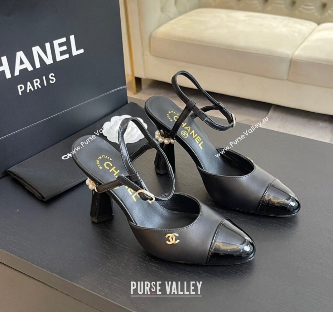 Chanel Patent Leather Calfskin Open Back Pumps 8.5cm with Strass and Pearls Black2 2024 (SS-241017064)