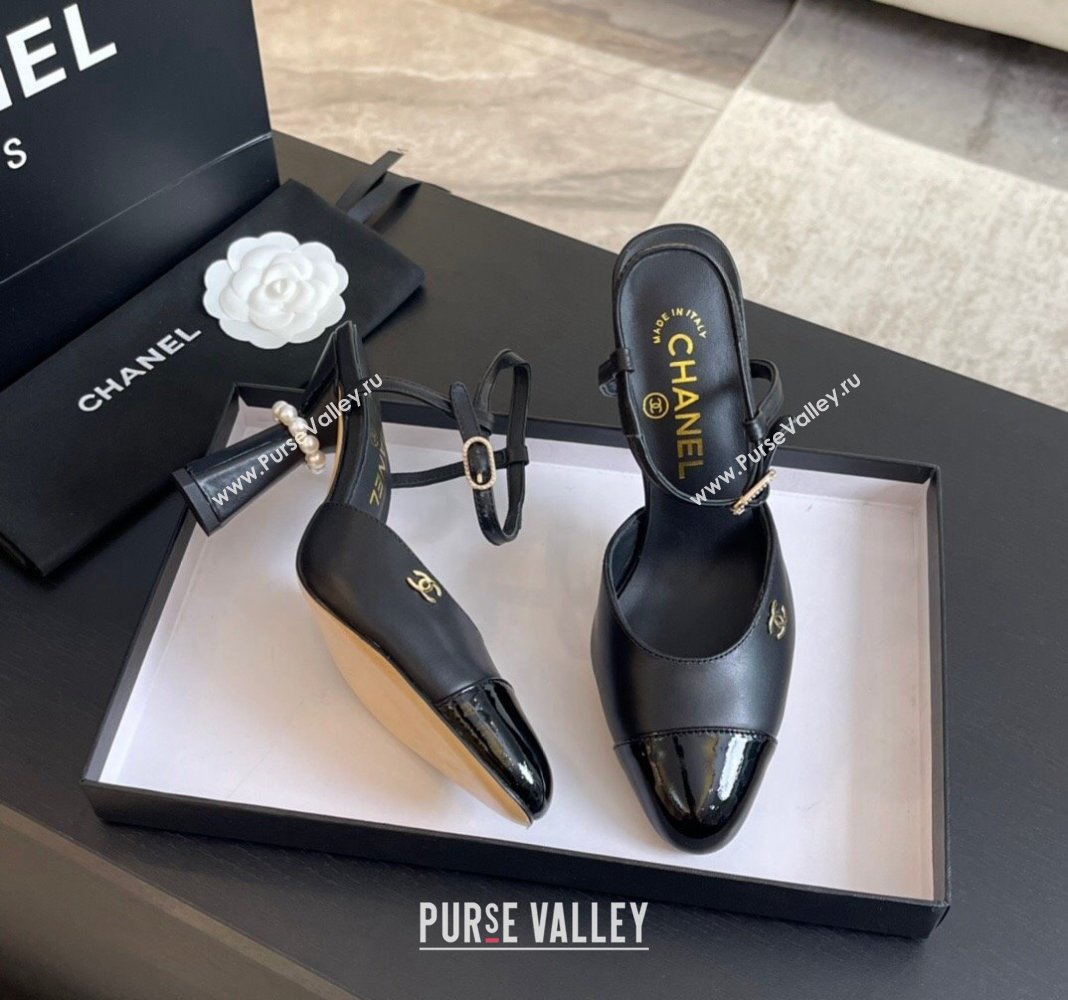 Chanel Patent Leather Calfskin Open Back Pumps 8.5cm with Strass and Pearls Black2 2024 (SS-241017064)