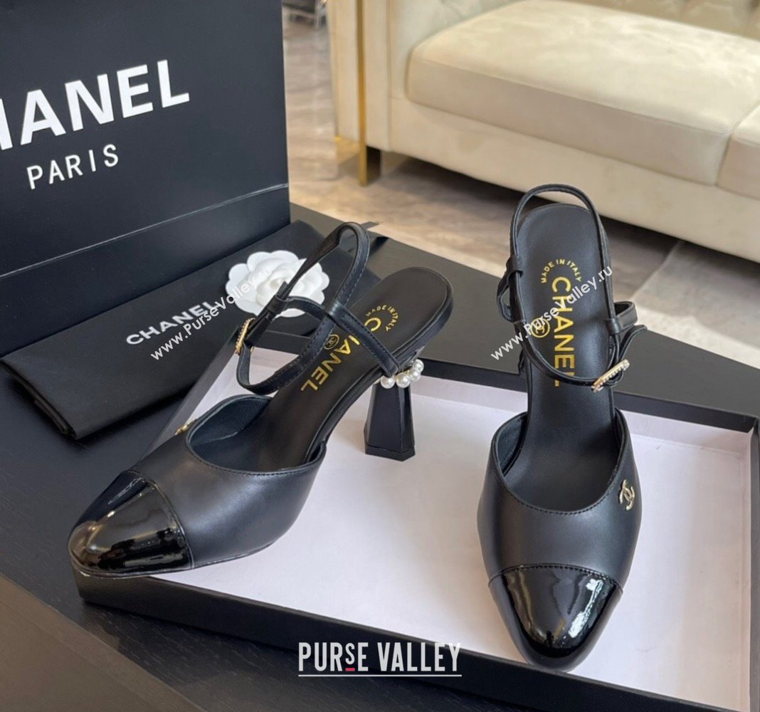 Chanel Patent Leather Calfskin Open Back Pumps 8.5cm with Strass and Pearls Black2 2024 (SS-241017064)