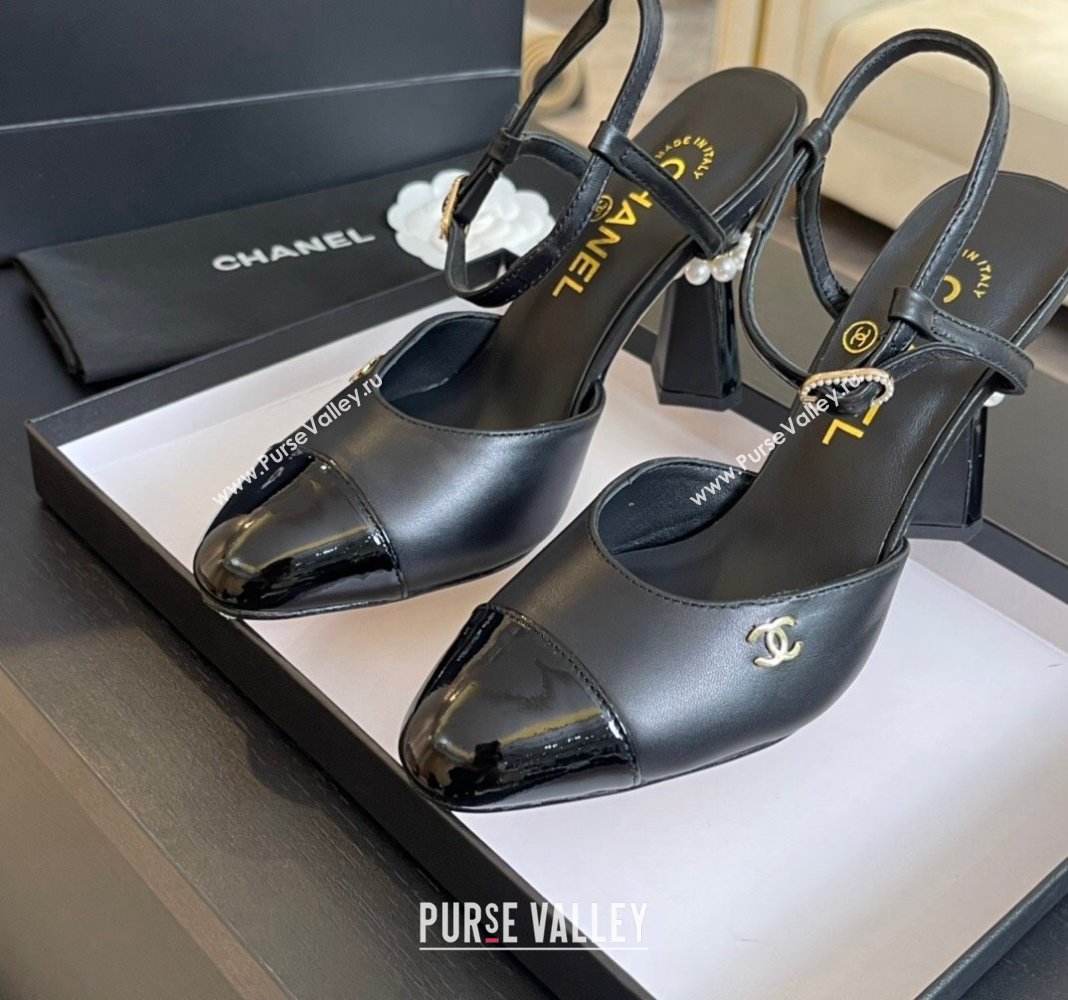 Chanel Patent Leather Calfskin Open Back Pumps 8.5cm with Strass and Pearls Black2 2024 (SS-241017064)