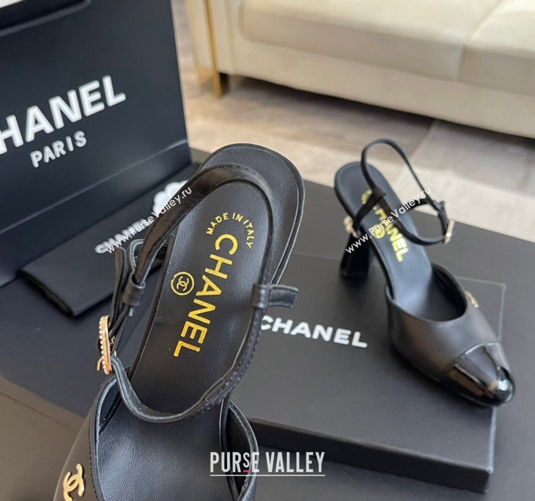 Chanel Patent Leather Calfskin Open Back Pumps 8.5cm with Strass and Pearls Black2 2024 (SS-241017064)