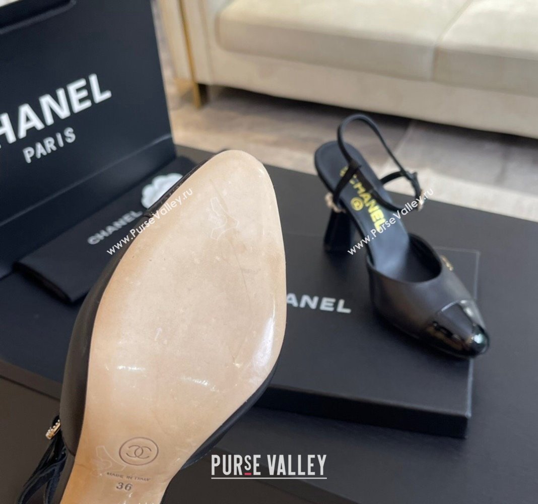 Chanel Patent Leather Calfskin Open Back Pumps 8.5cm with Strass and Pearls Black2 2024 (SS-241017064)