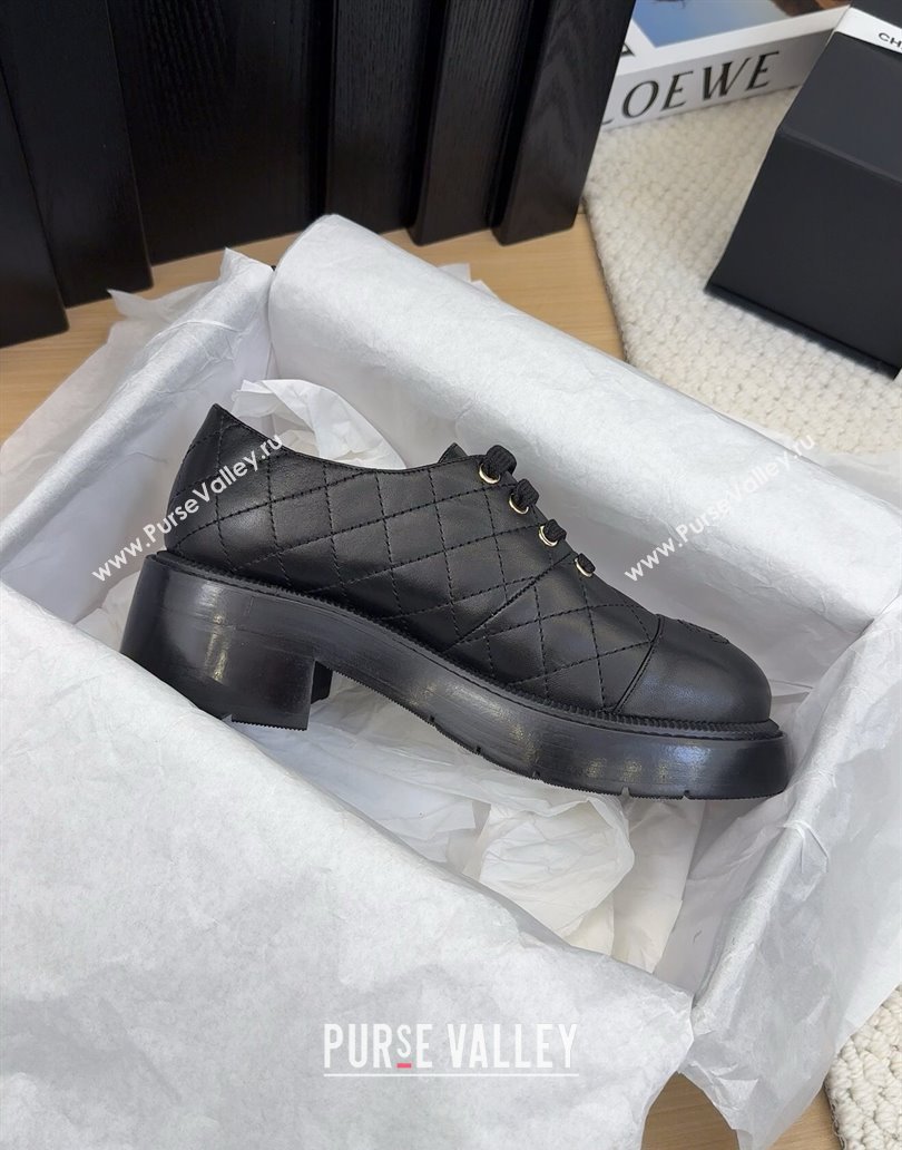 Chanel Quilted Calfskin Heel Lace-up Shoes 5.5cm Black 2025 CH041716 (MD-250417081)