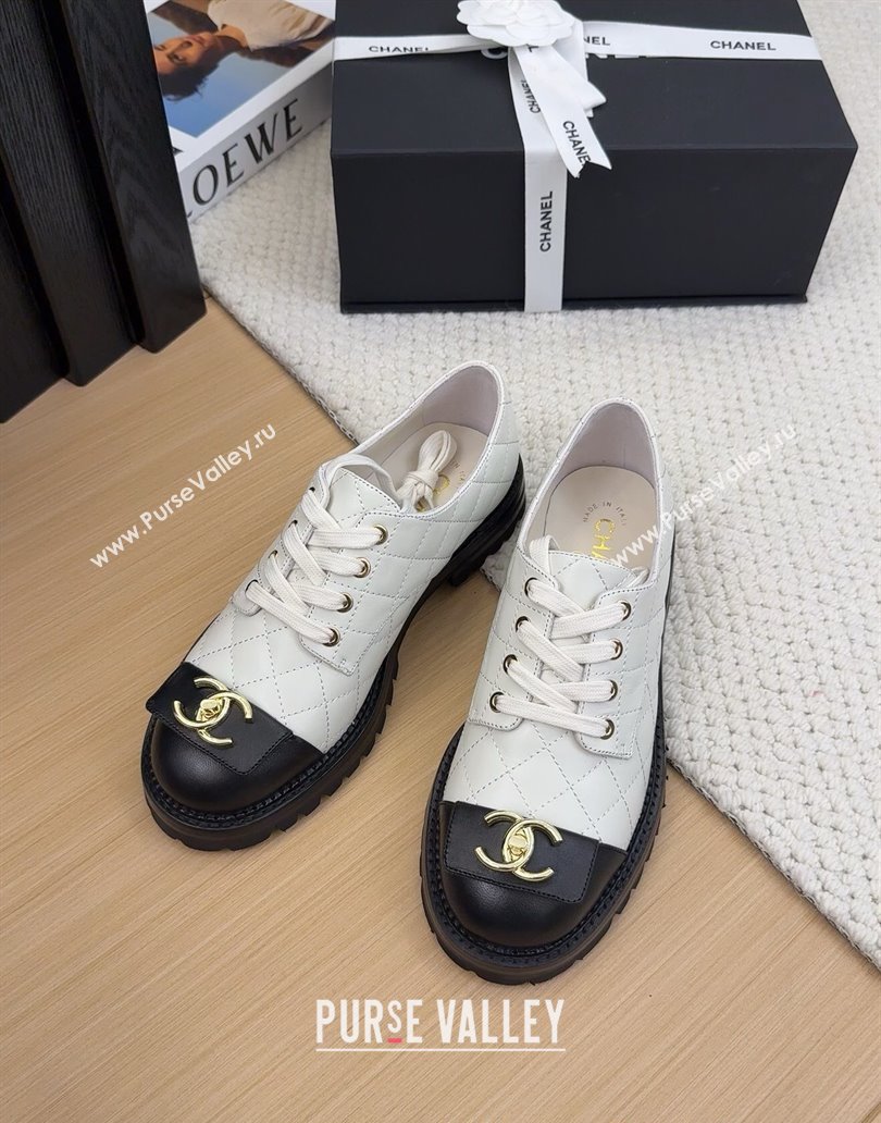 Chanel Quilted Calfskin Lace-up Shoes 3cm with CC Tag White 2025 CH041717 (MD-250417082)