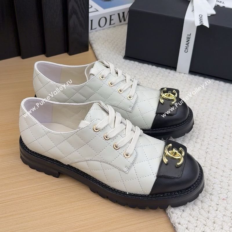 Chanel Quilted Calfskin Lace-up Shoes 3cm with CC Tag White 2025 CH041717 (MD-250417082)