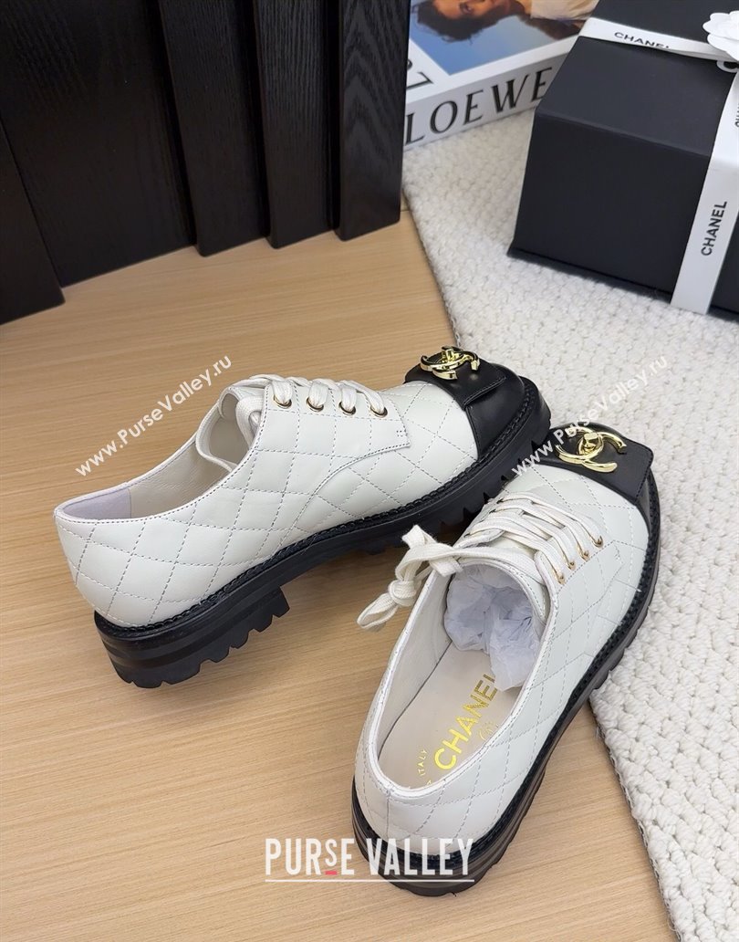 Chanel Quilted Calfskin Lace-up Shoes 3cm with CC Tag White 2025 CH041717 (MD-250417082)