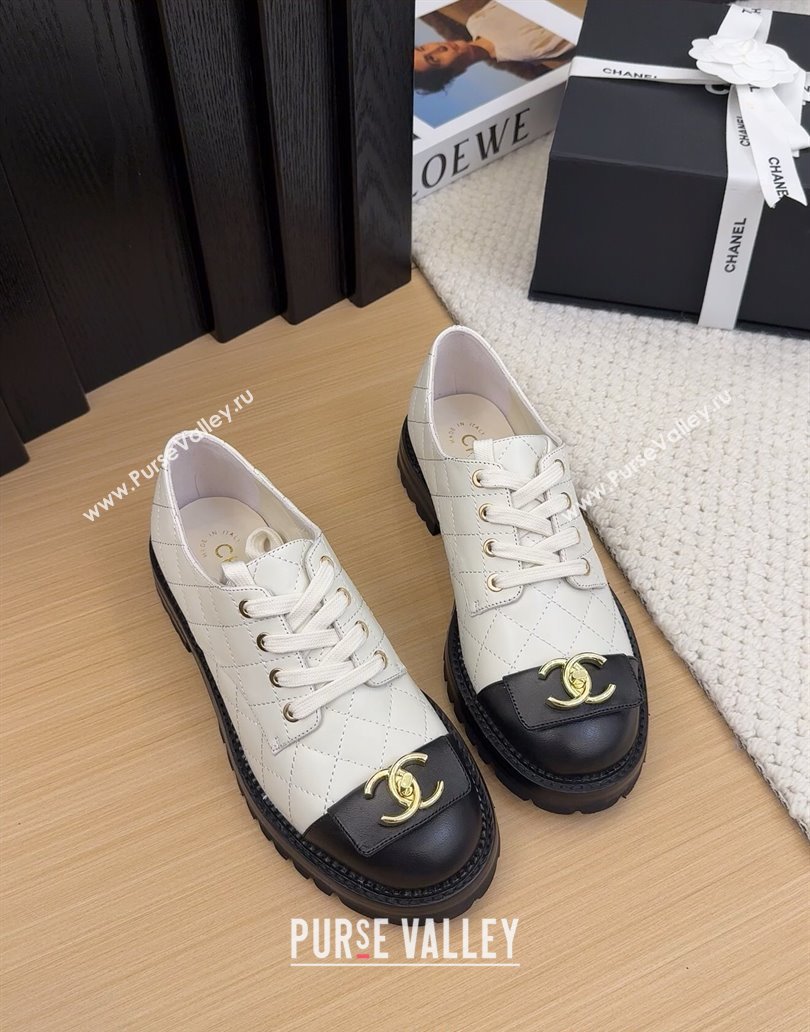 Chanel Quilted Calfskin Lace-up Shoes 3cm with CC Tag White 2025 CH041717 (MD-250417082)