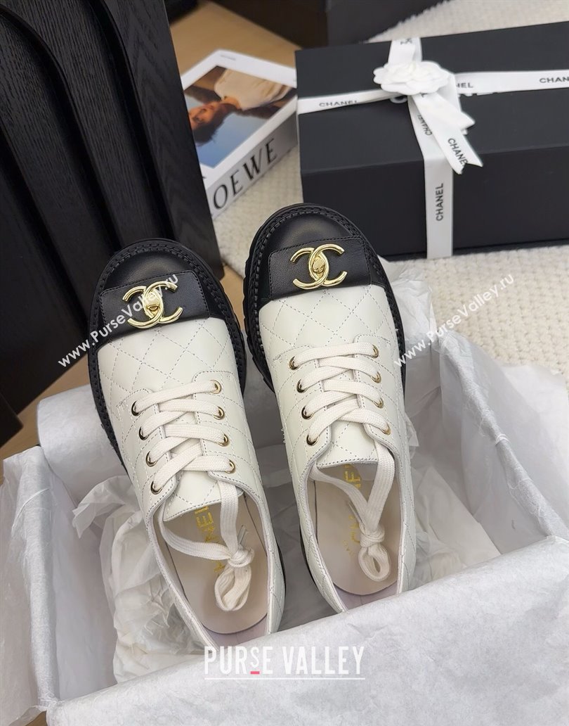 Chanel Quilted Calfskin Lace-up Shoes 3cm with CC Tag White 2025 CH041717 (MD-250417082)