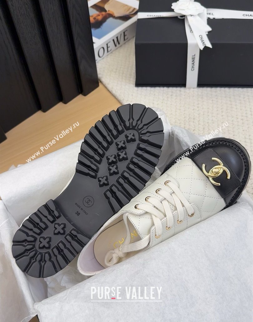 Chanel Quilted Calfskin Lace-up Shoes 3cm with CC Tag White 2025 CH041717 (MD-250417082)