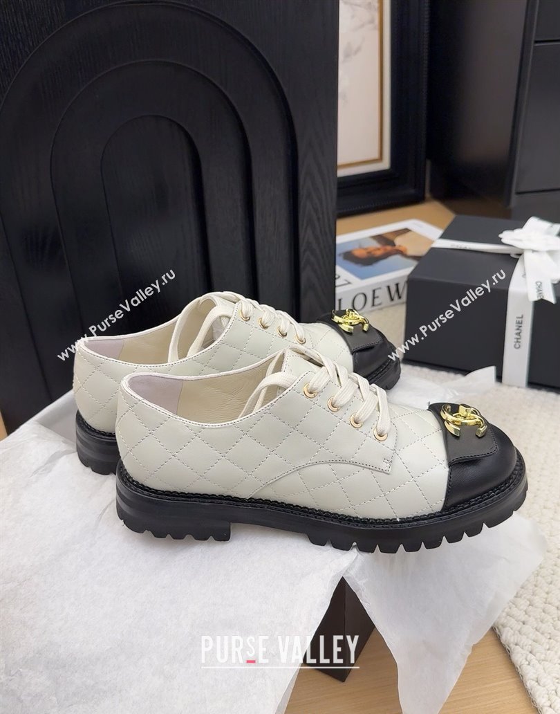Chanel Quilted Calfskin Lace-up Shoes 3cm with CC Tag White 2025 CH041717 (MD-250417082)