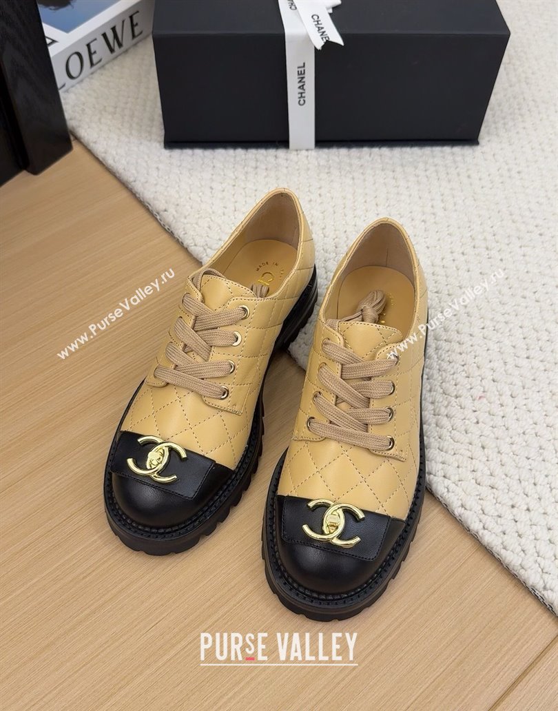 Chanel Quilted Calfskin Lace-up Shoes 3cm with CC Tag Beige 2025 CH041717 (MD-250417083)