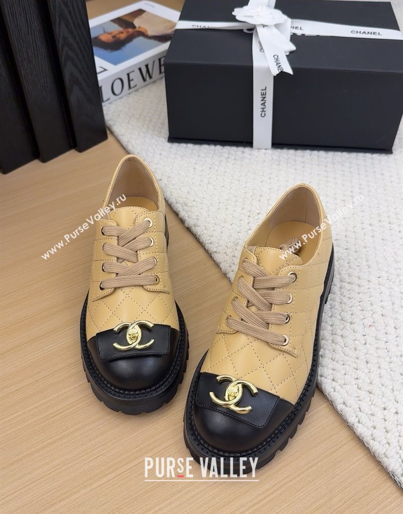 Chanel Quilted Calfskin Lace-up Shoes 3cm with CC Tag Beige 2025 CH041717 (MD-250417083)