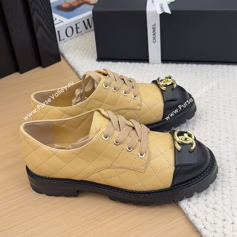 Chanel Quilted Calfskin Lace-up Shoes 3cm with CC Tag Beige 2025 CH041717 (MD-250417083)