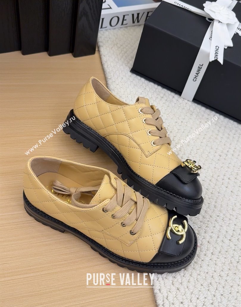 Chanel Quilted Calfskin Lace-up Shoes 3cm with CC Tag Beige 2025 CH041717 (MD-250417083)