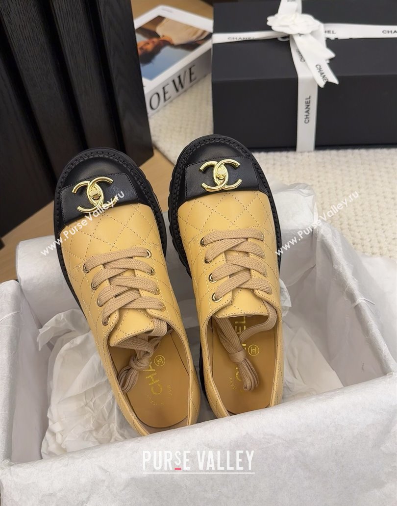 Chanel Quilted Calfskin Lace-up Shoes 3cm with CC Tag Beige 2025 CH041717 (MD-250417083)