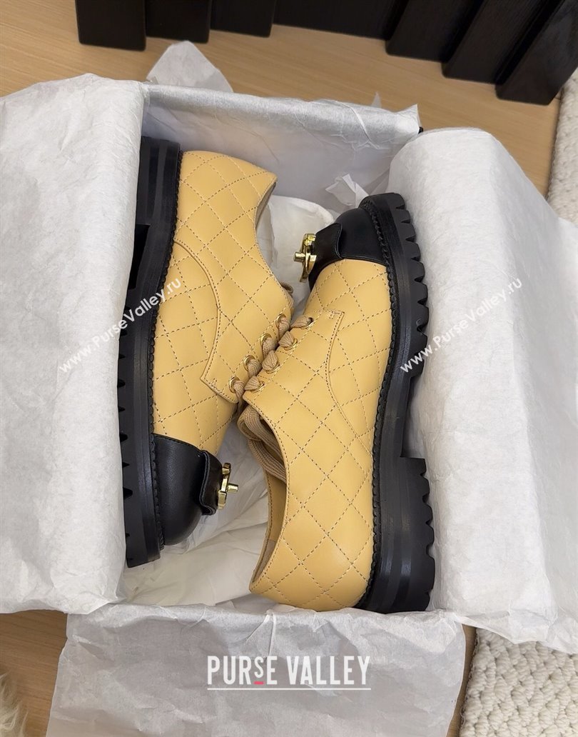 Chanel Quilted Calfskin Lace-up Shoes 3cm with CC Tag Beige 2025 CH041717 (MD-250417083)