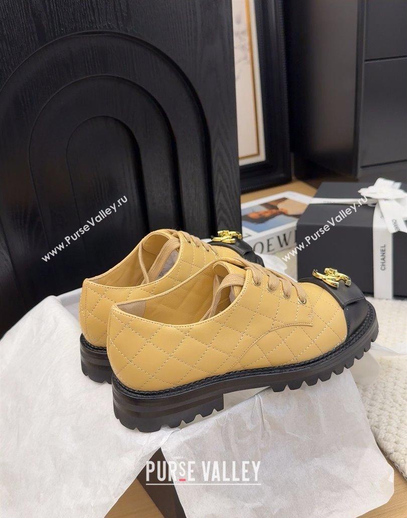 Chanel Quilted Calfskin Lace-up Shoes 3cm with CC Tag Beige 2025 CH041717 (MD-250417083)