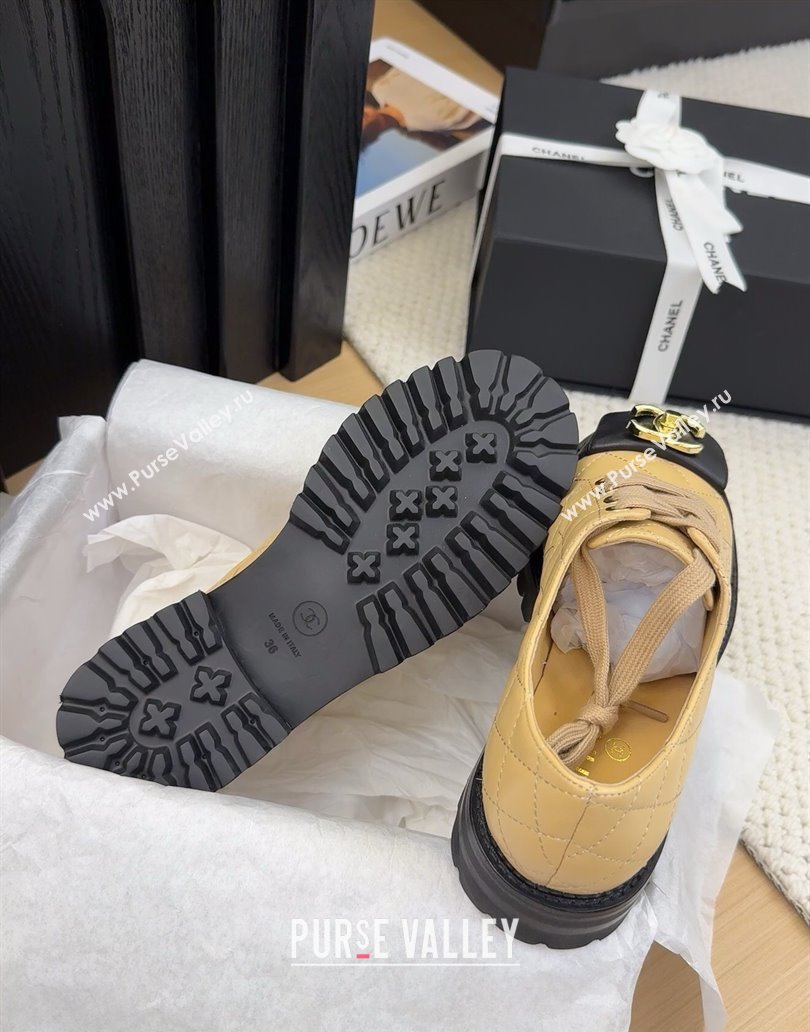 Chanel Quilted Calfskin Lace-up Shoes 3cm with CC Tag Beige 2025 CH041717 (MD-250417083)